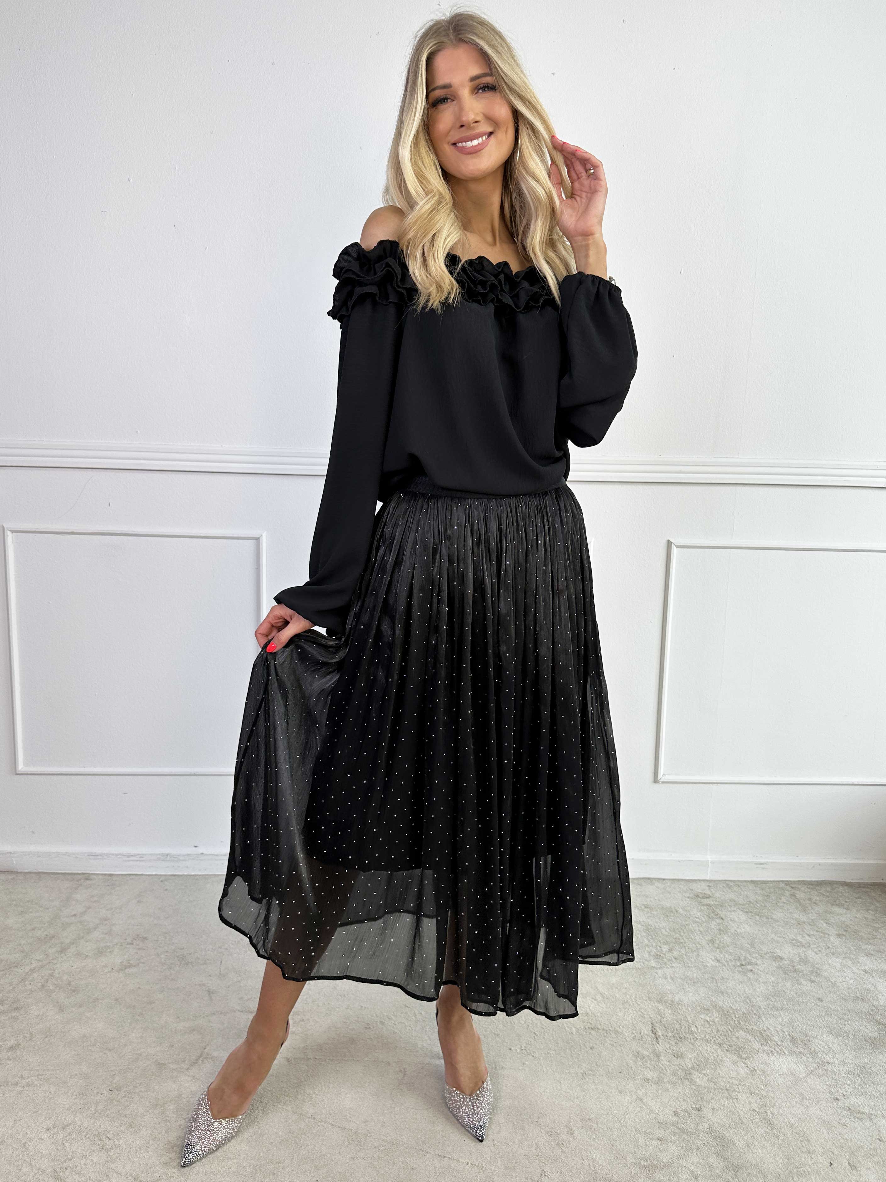 Afrodite - Feminin kjol i glansigt tyg med strass